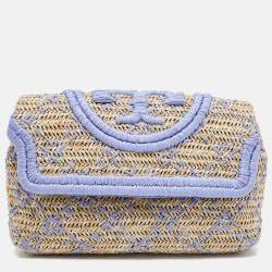 Tory Burch Light Blue/Natural Woven Raffia Fleming Clutch