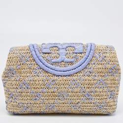 Tory Burch Light Blue/Natural Woven Raffia Fleming Clutch