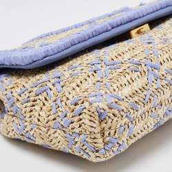 Tory Burch Light Blue/Natural Woven Raffia Fleming Clutch