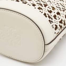 Pre Owned Tory Burch White/Brown Leather Monogram T Laser Cut Bucket Bag