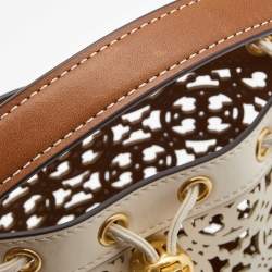 Pre Owned Tory Burch White/Brown Leather Monogram T Laser Cut Bucket Bag