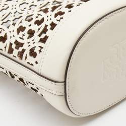 Pre Owned Tory Burch White/Brown Leather Monogram T Laser Cut Bucket Bag