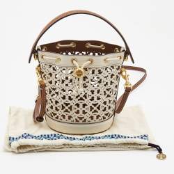 Pre Owned Tory Burch White/Brown Leather Monogram T Laser Cut Bucket Bag
