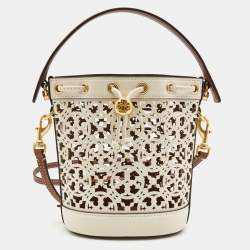 Pre Owned Tory Burch White/Brown Leather Monogram T Laser Cut Bucket Bag