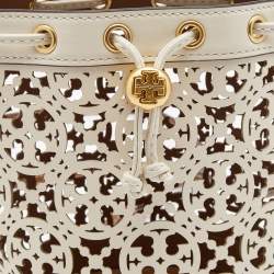 Pre Owned Tory Burch White/Brown Leather Monogram T Laser Cut Bucket Bag