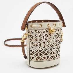 Pre Owned Tory Burch White/Brown Leather Monogram T Laser Cut Bucket Bag