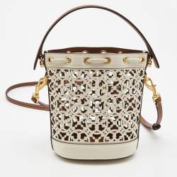 Pre Owned Tory Burch White/Brown Leather Monogram T Laser Cut Bucket Bag