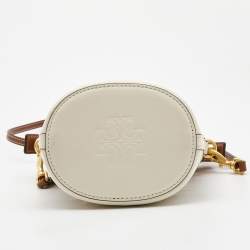 Pre Owned Tory Burch White/Brown Leather Monogram T Laser Cut Bucket Bag