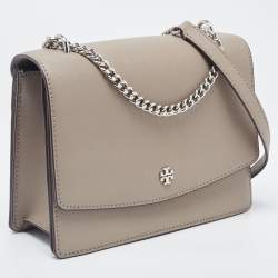 Pre Owned Tory Burch Taupe Leather Robinson Flap Shoulder Bag