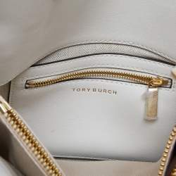 Pre Owned Tory Burch White/Beige Leather and Suede Small Lee Radziwill Double Bag