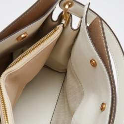 Pre Owned Tory Burch White/Beige Leather and Suede Small Lee Radziwill Double Bag