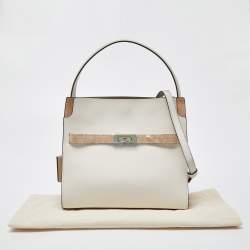 Pre Owned Tory Burch White/Beige Leather and Suede Small Lee Radziwill Double Bag