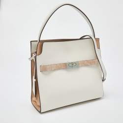 Pre Owned Tory Burch White/Beige Leather and Suede Small Lee Radziwill Double Bag