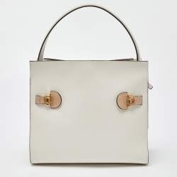 Pre Owned Tory Burch White/Beige Leather and Suede Small Lee Radziwill Double Bag