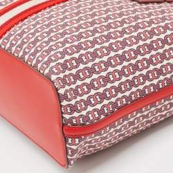 Pre Owned Tory Burch Red Coated Canvas and Leather Gemini Link Top Zip Tote