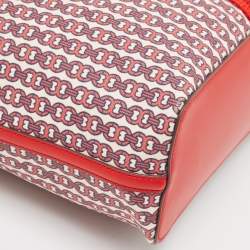 Pre Owned Tory Burch Red Coated Canvas and Leather Gemini Link Top Zip Tote