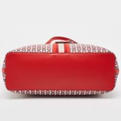 Pre Owned Tory Burch Red Coated Canvas and Leather Gemini Link Top Zip Tote