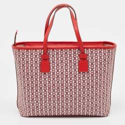 Pre Owned Tory Burch Red Coated Canvas and Leather Gemini Link Top Zip Tote
