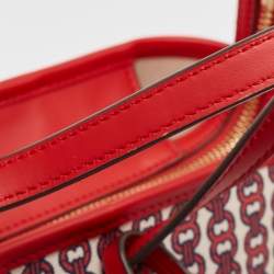 Pre Owned Tory Burch Red Coated Canvas and Leather Gemini Link Top Zip Tote