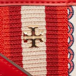Pre Owned Tory Burch Red Coated Canvas and Leather Gemini Link Top Zip Tote