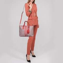 Pre Owned Tory Burch Red Coated Canvas and Leather Gemini Link Top Zip Tote