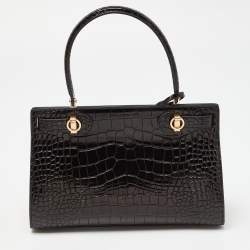 Pre Owned Tory Burch Black Croc Embossed Leather and Suede Small Lee Radziwill Bag