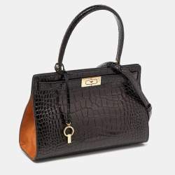 Pre Owned Tory Burch Black Croc Embossed Leather and Suede Small Lee Radziwill Bag