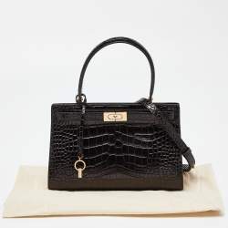 Pre Owned Tory Burch Black Croc Embossed Leather and Suede Small Lee Radziwill Bag