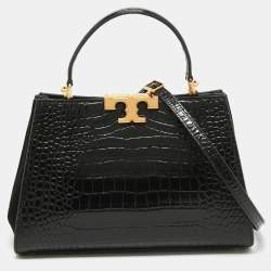 Pre Owned Tory Burch Black Croc Embossed Leather Eleanor Satchel