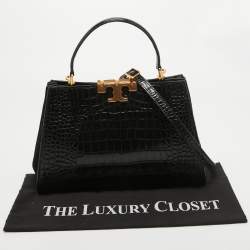 Pre Owned Tory Burch Black Croc Embossed Leather Eleanor Satchel