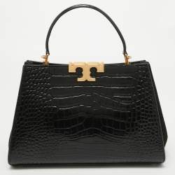Pre Owned Tory Burch Black Croc Embossed Leather Eleanor Satchel