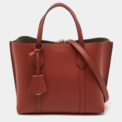 Pre Owned Tory Burch Brown Leather Small Perry Triple-Compartment Tote 