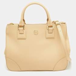 Pre Owned Tory Burch Toasted Wheat Leather Robinson Double Zip Tote