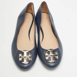 Pre Owned Tory Burch Navy Blue Leather Claire Ballet Flats Size 38.5