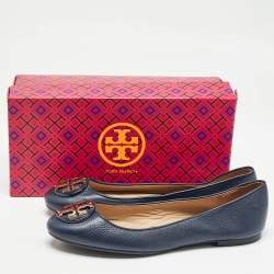 Pre Owned Tory Burch Navy Blue Leather Claire Ballet Flats Size 38.5