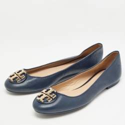 Pre Owned Tory Burch Navy Blue Leather Claire Ballet Flats Size 38.5