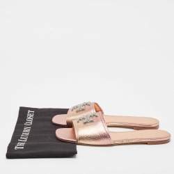 Pre Owned Tory Burch Metallic Snakeskin Embossed Leather Eleanor Flat Slides Size 39