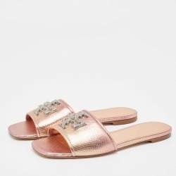 Pre Owned Tory Burch Metallic Snakeskin Embossed Leather Eleanor Flat Slides Size 39