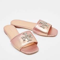 Pre Owned Tory Burch Metallic Snakeskin Embossed Leather Eleanor Flat Slides Size 39