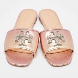 Pre Owned Tory Burch Metallic Snakeskin Embossed Leather Eleanor Flat Slides Size 39