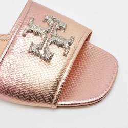 Pre Owned Tory Burch Metallic Snakeskin Embossed Leather Eleanor Flat Slides Size 39