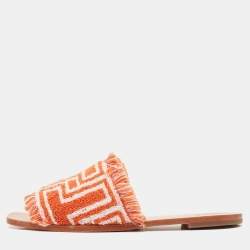 Pre Owned Tory Burch Orange/White Terry Cloth Flat Slides Size 39