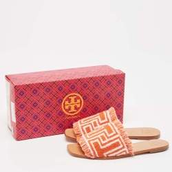 Pre Owned Tory Burch Orange/White Terry Cloth Flat Slides Size 39