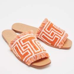 Pre Owned Tory Burch Orange/White Terry Cloth Flat Slides Size 39
