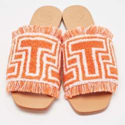 Pre Owned Tory Burch Orange/White Terry Cloth Flat Slides Size 39