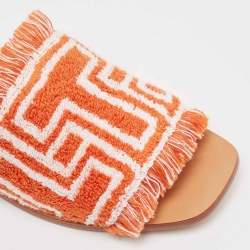 Pre Owned Tory Burch Orange/White Terry Cloth Flat Slides Size 39