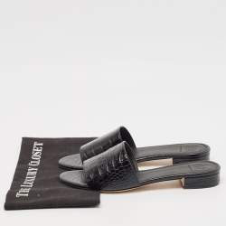 Pre Owned Tory Burch Black Croc Embossed Leather Martine Flat Slides Size 39.5