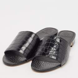 Pre Owned Tory Burch Black Croc Embossed Leather Martine Flat Slides Size 39.5