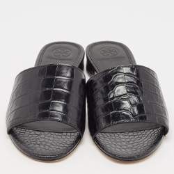 Pre Owned Tory Burch Black Croc Embossed Leather Martine Flat Slides Size 39.5