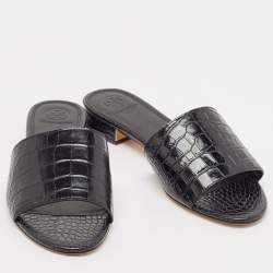 Pre Owned Tory Burch Black Croc Embossed Leather Martine Flat Slides Size 39.5